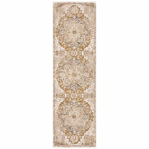 Gold and Ivory 2 ft. x 8 ft. Oriental Power Loom Stain Resistant Fringe with Runner Rug