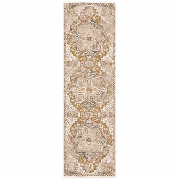 HomeRoots Gold and Ivory 2 ft. x 8 ft. Oriental Power Loom Stain Resistant Fringe with Runner Rug