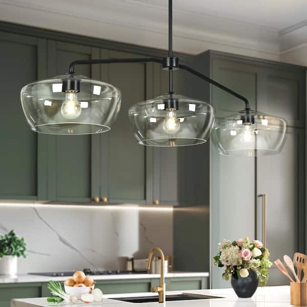 Modern Industrial 47.2 in. 3-Lights Linear Island Lamp, Black Pendant Light with Barn Clear Glass for Dining Room