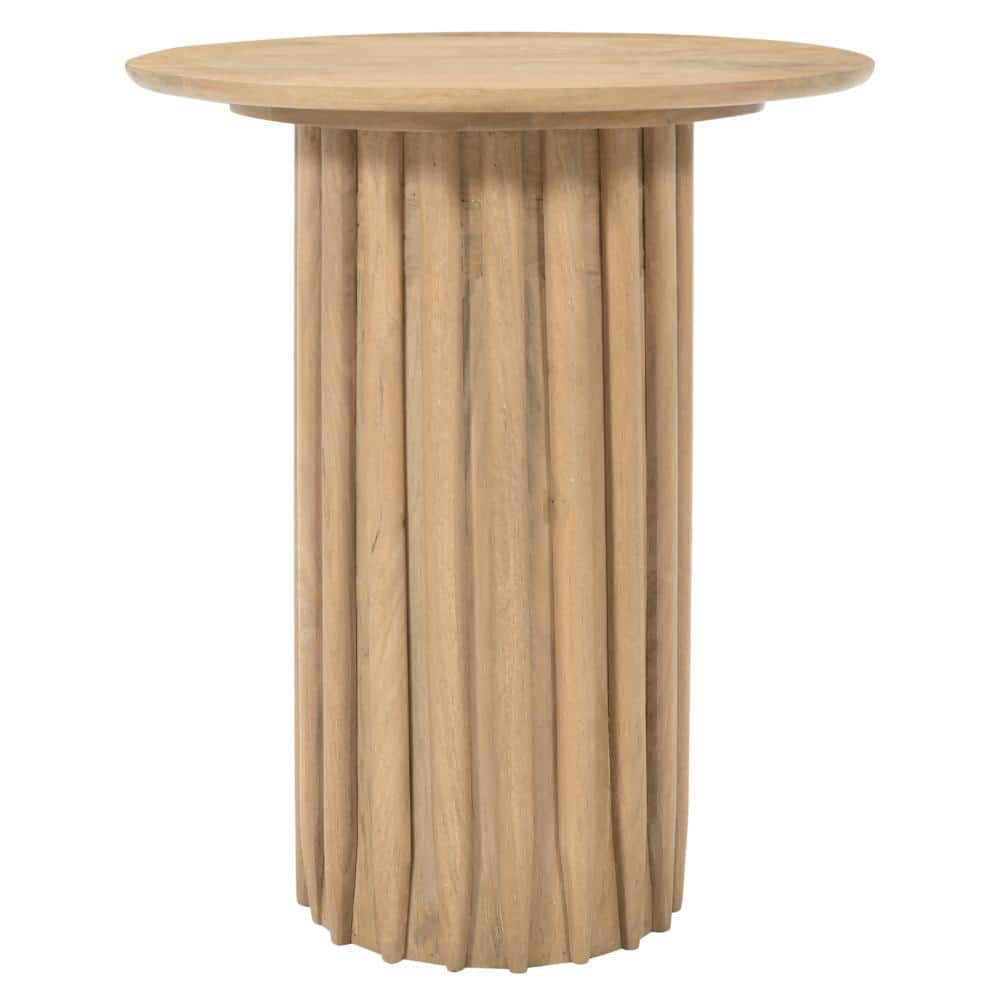 Light Brown Mango Wood Round Dinner Table with Ridged Plinth Base