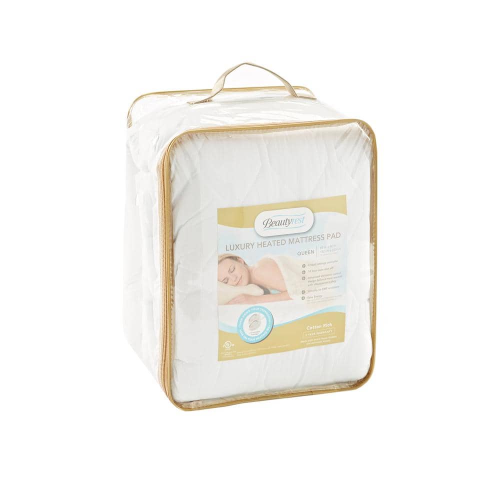 Queen White Cotton Blend Heated Mattress Pad with Quilted Top