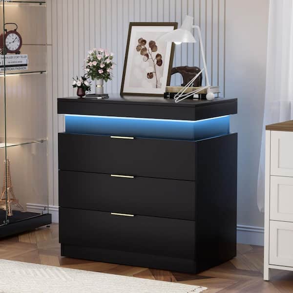28.8 in. Black Rectangle Particle Board End Table, Nightstand, Bedside Table with Charging Station and LED Lights