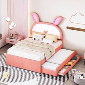 Pink Wood Frame Full Velvet and PU Leather Upholstered Platform Bed with Rabbit Ears, 3 Drawers, Twin Trundle, LED Light