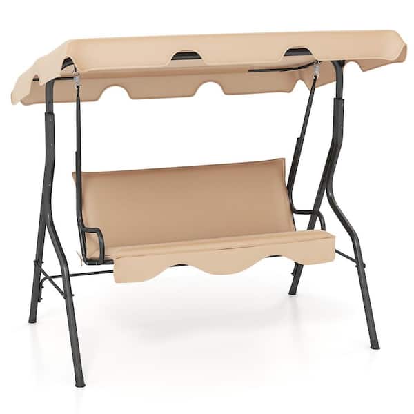 Gymax 3-Person Coffee Metal Porch Swing w/Adjustable Canopy Removable Cushion