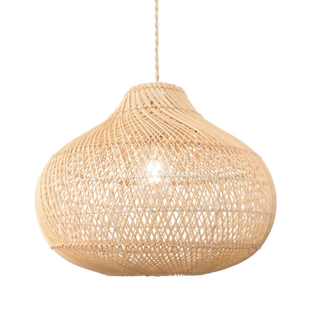 1-Light Rustic Farmhouse Rattan Wood Bamboo Pendant Light for Kitchen Islan
