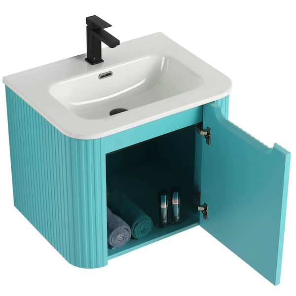 Caskvalley 24 in. Floating Bath Vanity in Tiffany Blue with White Ceramic Sink Top Assembled