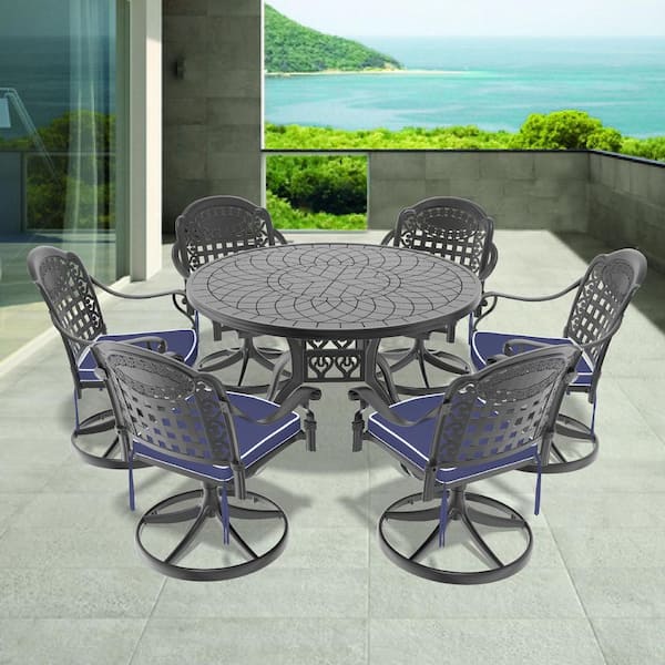 Vintage 7-Piece Cast Aluminum Patio Outdoor Dining Set with Round Dining Table, 6 Swivel Chairs and 6 Blue Cushions