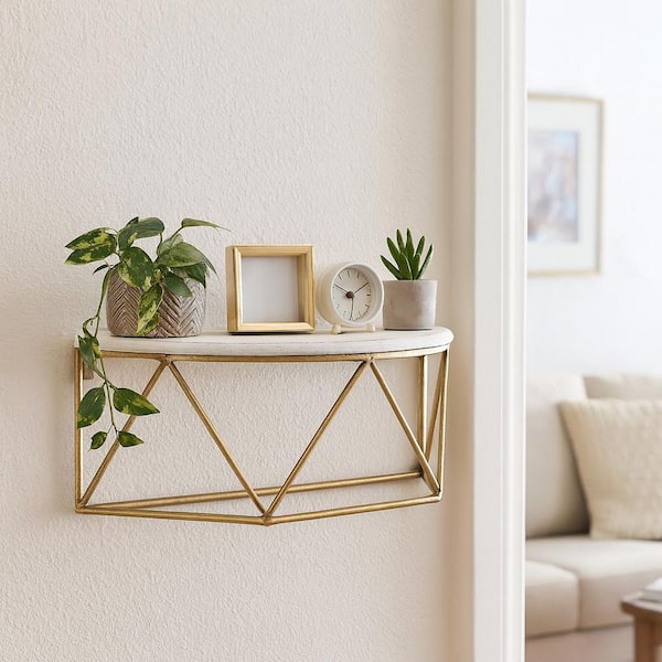 16 in. x 8 in. White Wood Gold-Toned Demilune Decorative Wall Shelf