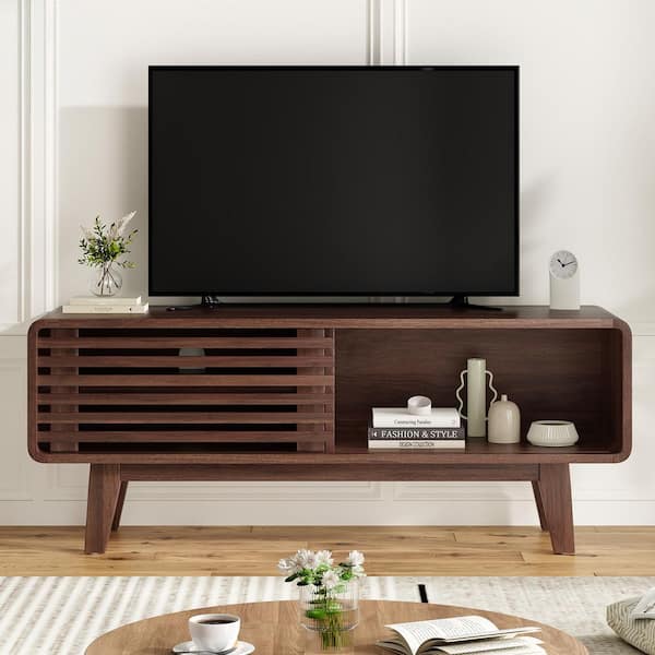 Walnut 46 in. TV Stand for Up to 59 in. TVs with Sliding Doors and Storage
