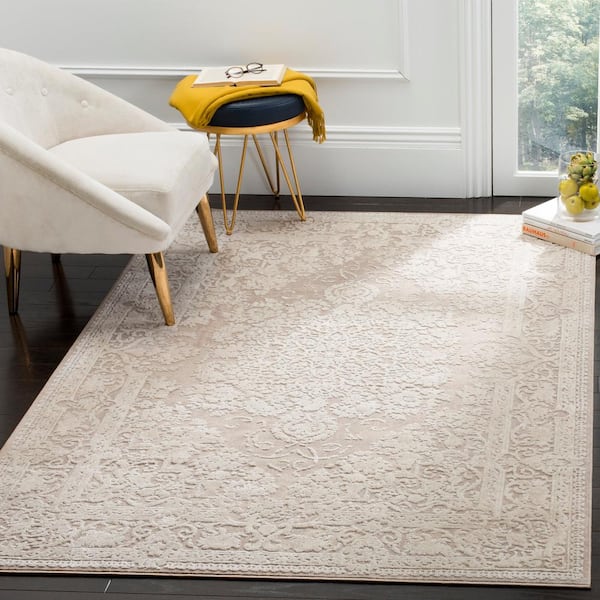 Reflection Beige/Cream 8 ft. x 10 ft. Floral Border Area Rug