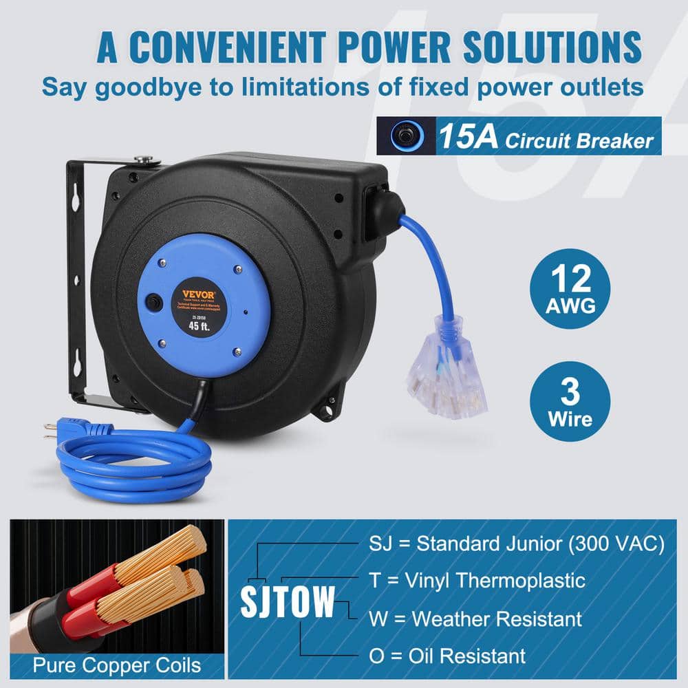 Heavy Duty Blue and Black Retractable Extension Cord Reel 45FT
