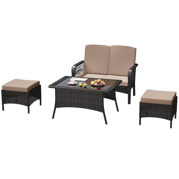 LeveLeve 4Pieces Patio Furniture Set Outdoor Rattan Chair Wicker Sofa Garden Conversation