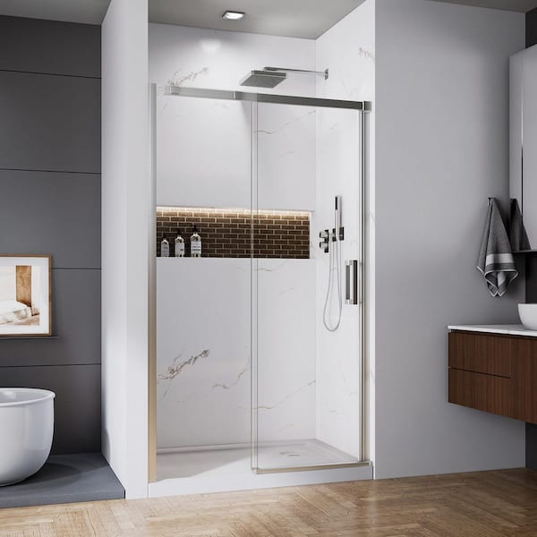 48 in. W x 74 in. H Sliding Framed Shower Door in Brushed Nickel with Clear Glass