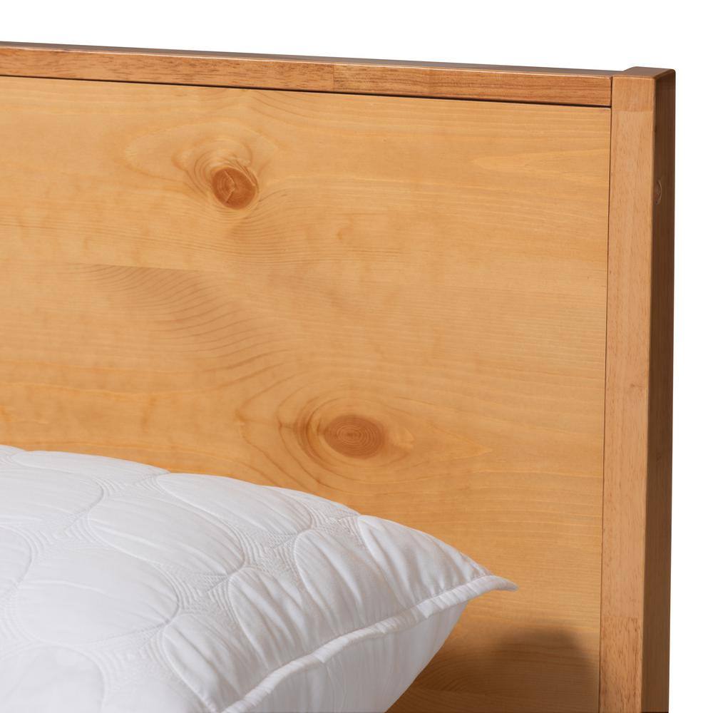 Queen Natural Oak and Pine Wood Platform Bed with Upholstered Headboard