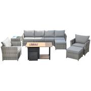 Morag Gray 10-Piece Wicker Outerdoor Patio More Storage Space Fire Pit Sectional Seating Set with Dark Gray Cushions