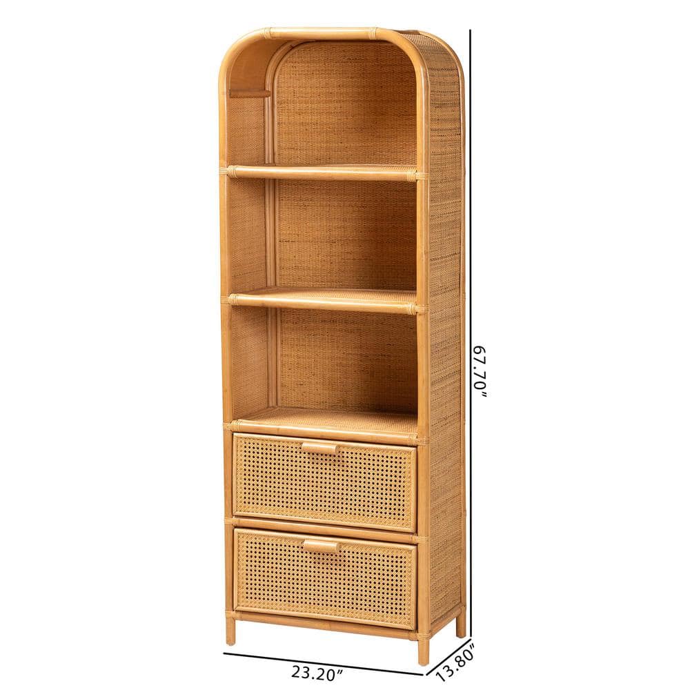 Curacao Tall Light Honey Rattan and Wood Bookcase with Drawers