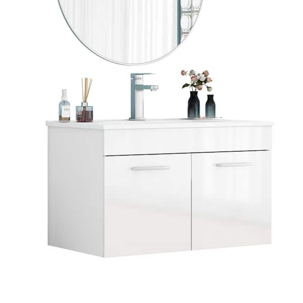 32 in. Glossy White Wood Rectangle Vessel Sink Bathroom Vanity Combo with Double Drawers, Long Gold Metal Handle