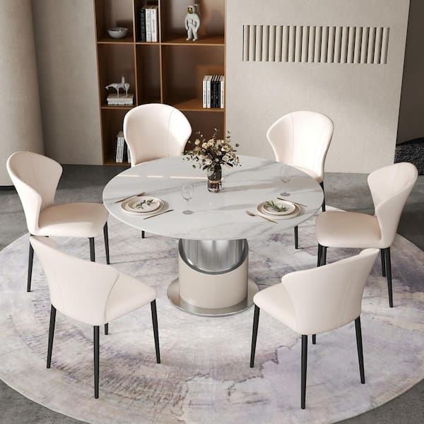 53 in. White Round Sintered Stone Tabletop with Chromed Pedestal Dining Table for 4-6 Person