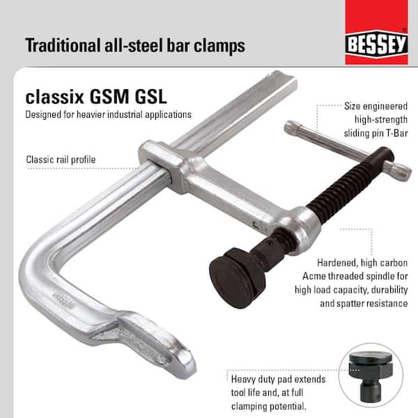 BESSEY SQ Series Bar Clamps, 12 in, 5 1/2 in Throat, 2,660 lb Load
