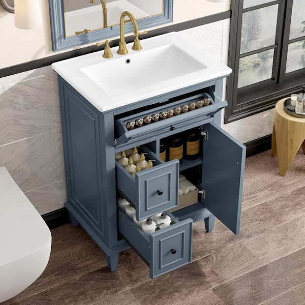 FAMYYT 24 in. W Single Sink Freestanding Blue Solid Wood Frame