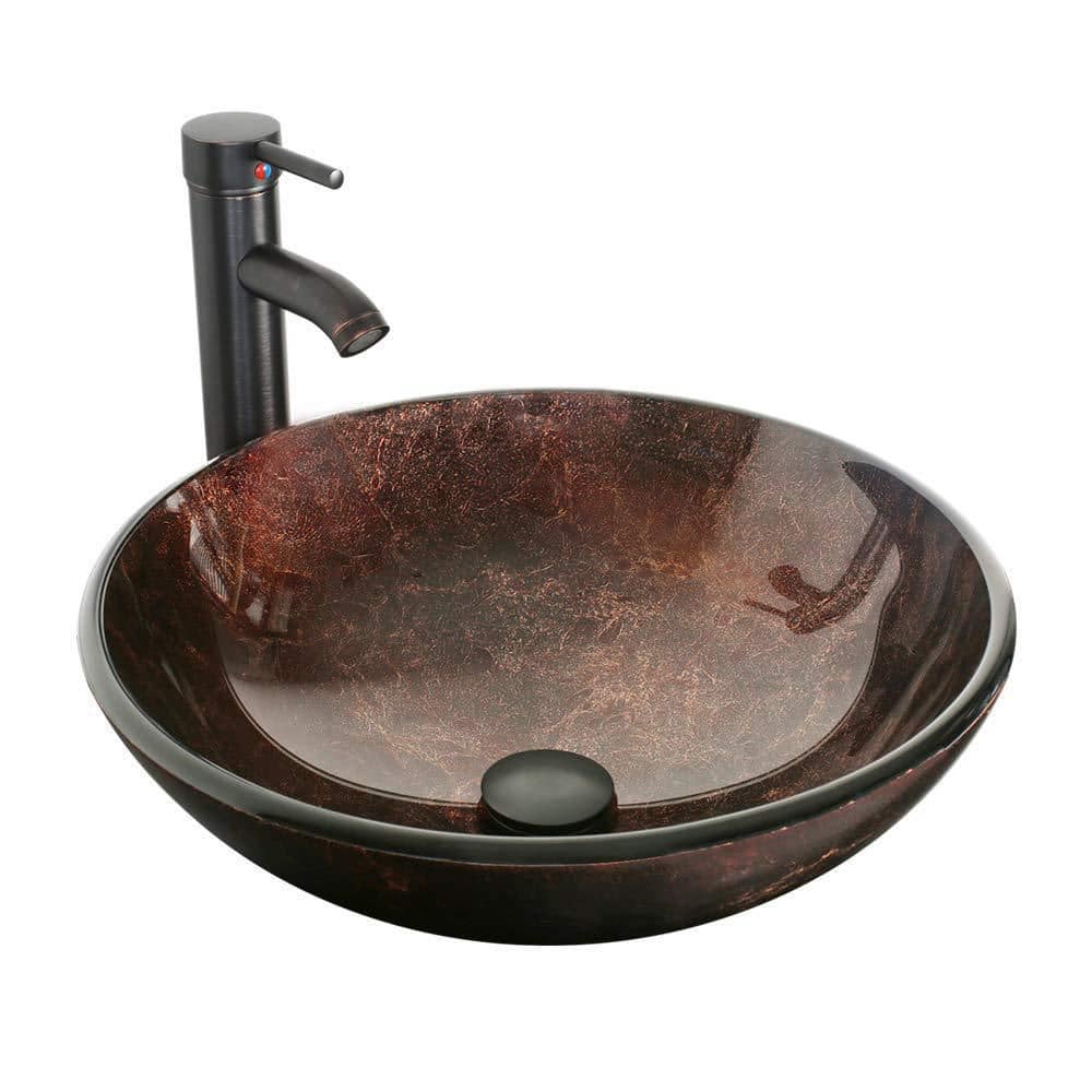 16.5" Brown Tempered Glass Round Vessel Sink with Faucet