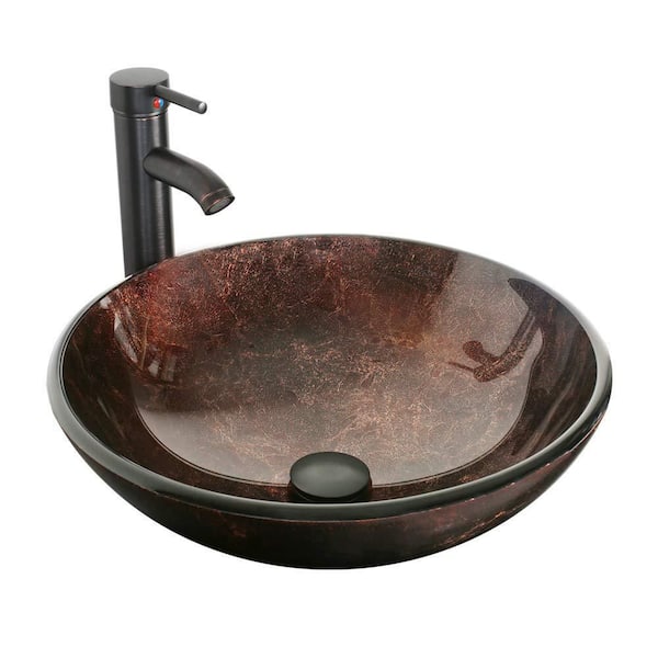 eclife Cameo Solid Tempered Glass Round Vessel Sink in Brown with Faucet Pop Up Drain Set