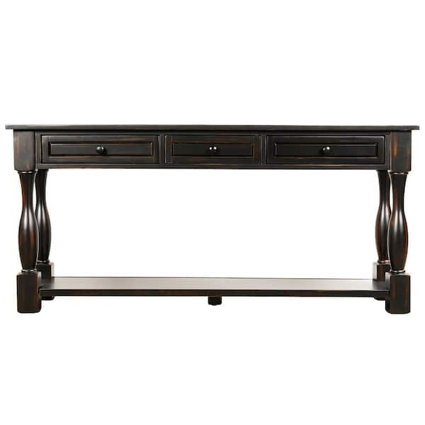 Qualfurn 64 In Rectangle Distressed, Black Console Table With Drawers And Bottom Shelf