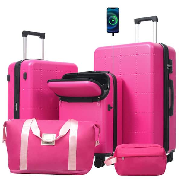 5 Bags 5-Piece Pink Expandable ABS Luggage Set with Duffel Bag, Toiletry Bag, Front Half Opening Design(20"), USB Port