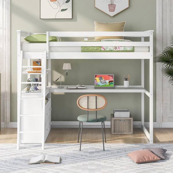 Shelves Wood Kids Loft Bed Frame, Double Bed Frame With Desk Underneath