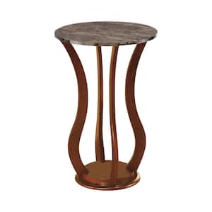 18 in. Brown Round Faux Marble Accent Table with Bottom Shelf