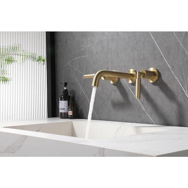 Double Handle Wall Mounted Bathroom Sink Faucet With Pop-up Drain Assembly in Brushed Gold