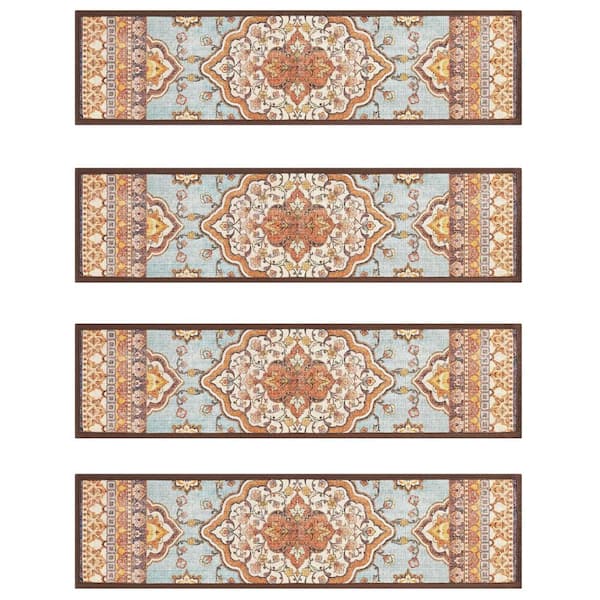 Brown 8 in. x 30 in. Polyester Boho Stair Tread Cover Non Slip (Set of 15)