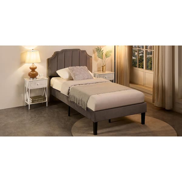 VECELO Upholstered Bed Gray Metal Plus Wood Frame Twin