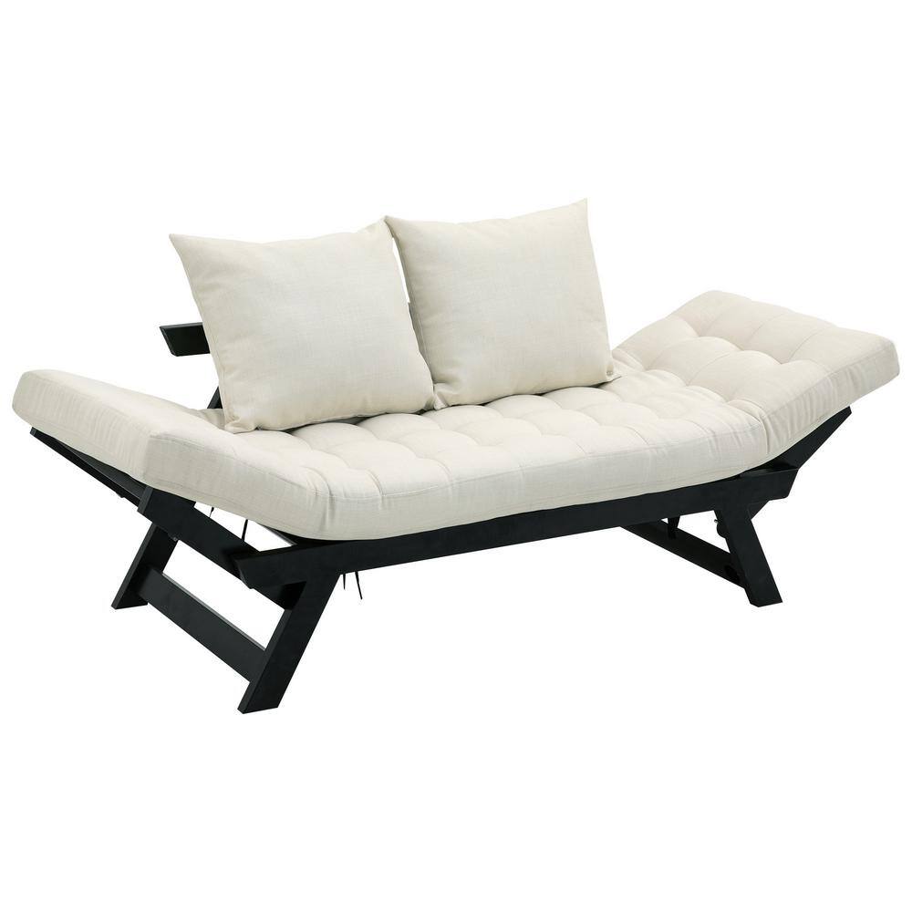 Black 1-Piece Solid Wood Outdoor Couch Sofa Bed Chaise Longue with Linen Be