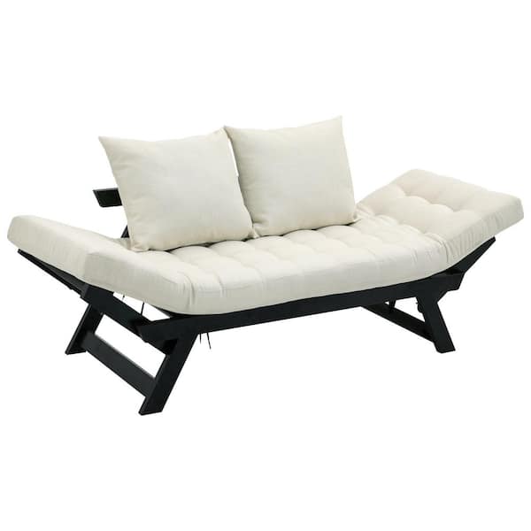 ANGELES HOME Black 1-Piece Solid Wood Outdoor Couch Sofa Bed Chaise Longue with Linen Beige Cushion and Pillow, 3 Positions