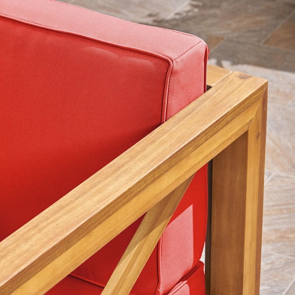 Outdoor Solid Wood Accent Chair with Red Cushion, Retro X-Design