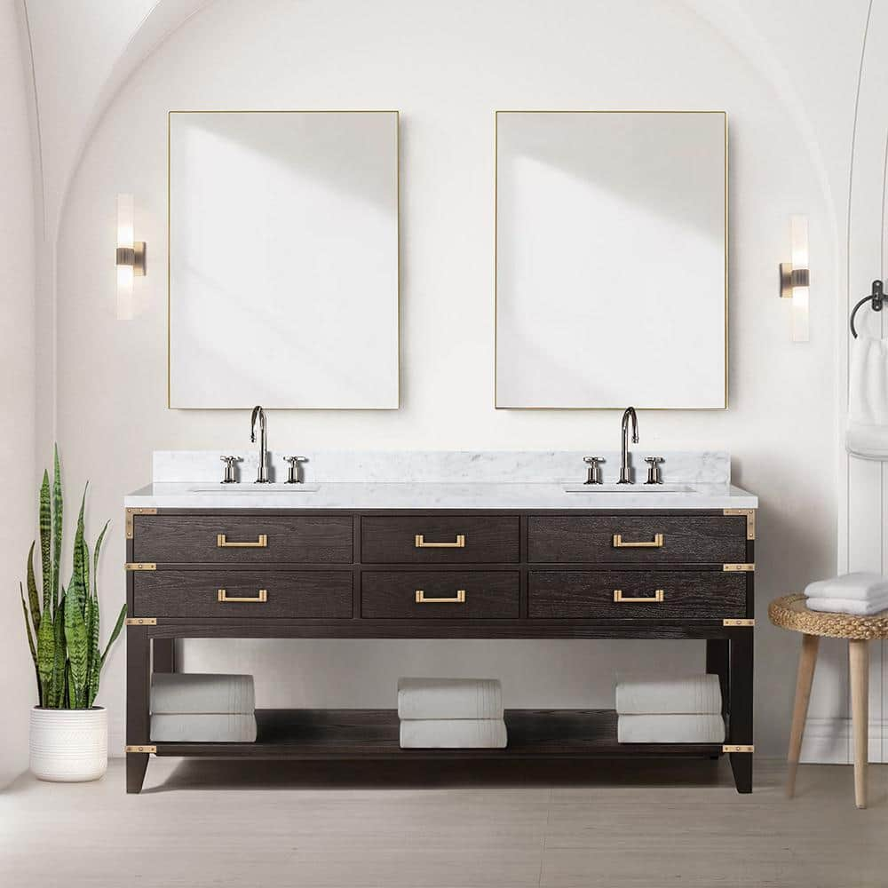 Irvington 72 in W x 22 in D Brown Oak Double Bath Vanity, Carrara Marble Top, and 34 in Mirrors -  Lexora, LVI72DK110