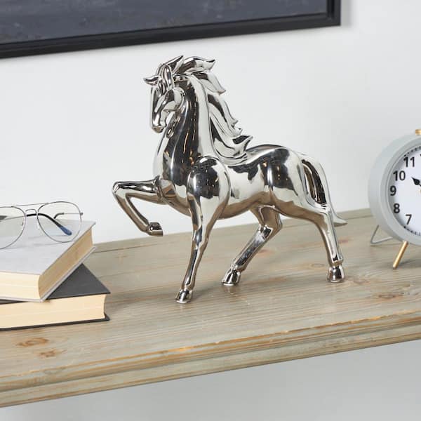 Litton Lane 4 in. x 12 in. Silver Ceramic Prancing Horse Sculpture