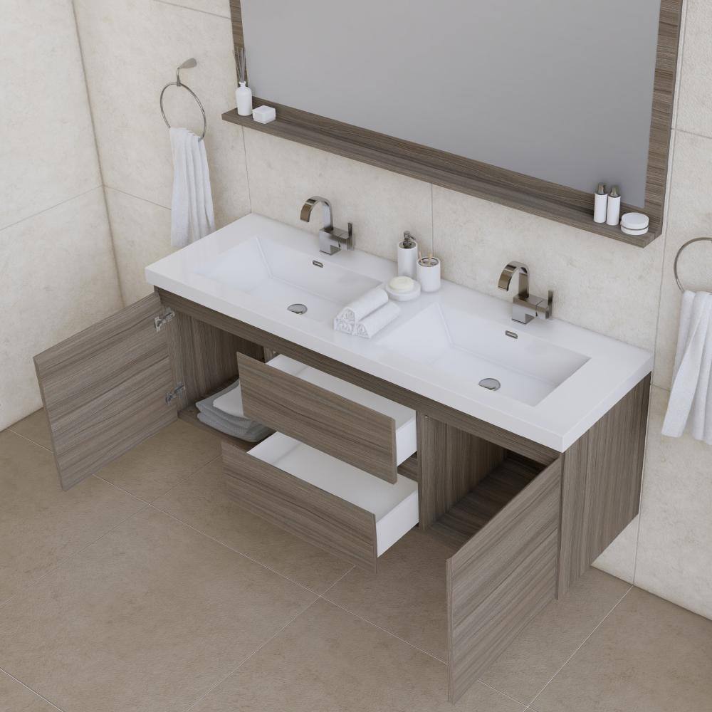 Gray MDF Double Sink Wall-Mounted Bathroom Vanity