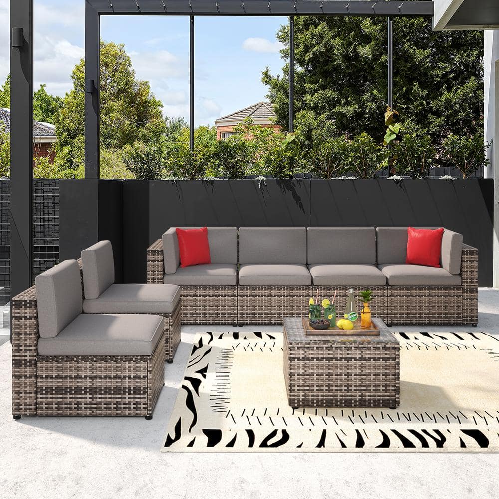 SUNMTHINK 7-Piece Wicker Outdoor Patio Conversation Set in Gray with ...