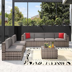 7-Piece Wicker Outdoor Patio Conversation Set in Gray with Patio Sectional Beige Cushions Sofas and Coffee Table