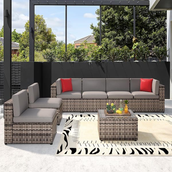 SUNMTHINK 7-Piece Wicker Outdoor Patio Conversation Set in Gray with Patio Sectional Beige Cushions Sofas and Coffee Table