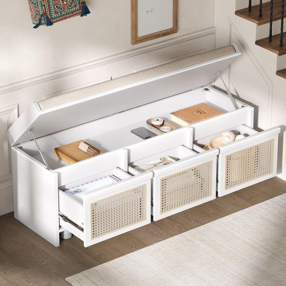 48 in. White Storage Bench with Removable Button-Tufted Cushion, 3 Rattan Drawers, Hidden Storage Compartment price history on PriceWatchPro
