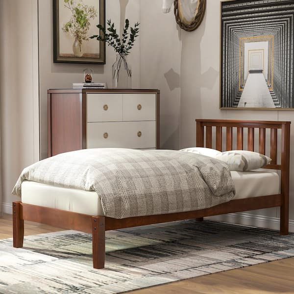 Harper & Bright Designs Walnut(Brown) Wood Frame Twin Size Platform Bed with Headboard and Slats