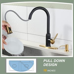 Stainless Steel Single Handle Pull Down Sprayer Kitchen Faucet with Soap Dispenser in Black and Gold