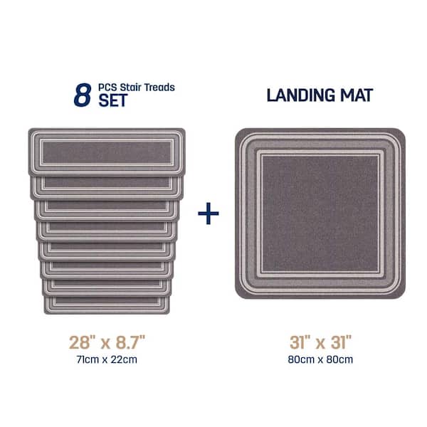 Beverly Rug 8.5 X 26 and 31 X 31 Gray Carmel Bordered Non-Slip Indoor Stair Tread Cover and Landing Mat (Set of 9)