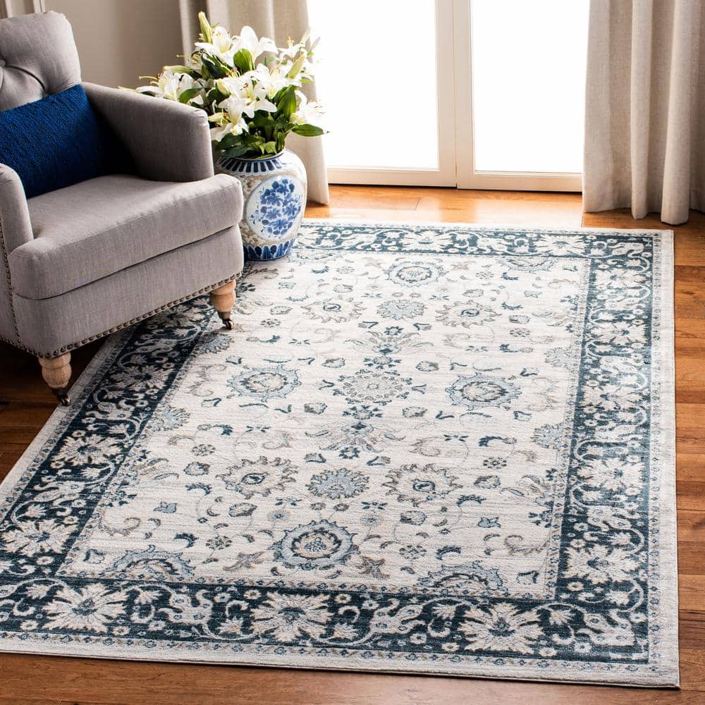 Elegant Cream/Navy Hand-Knotted Synthetic Rectangular Area Rug