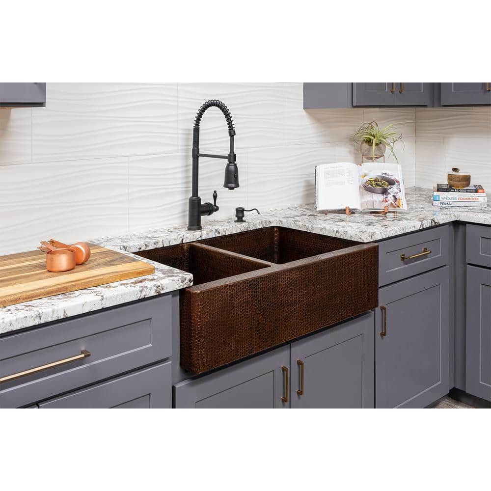 Premier Copper Products Undermount Hammered Copper 33 in. 0-Hole Double Bowl Kitchen Sink and Drain in Oil Rubbed Bronze -  KSP3_KA40DB33229