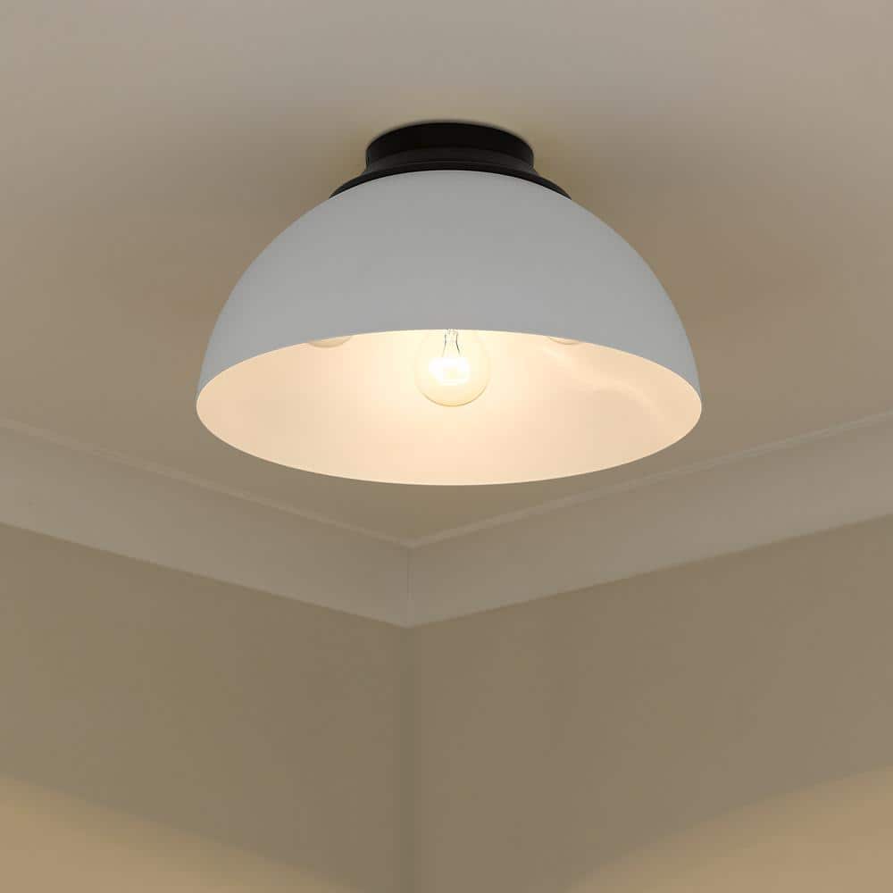 Matte Black and White Glass Drum Flush Mount Light