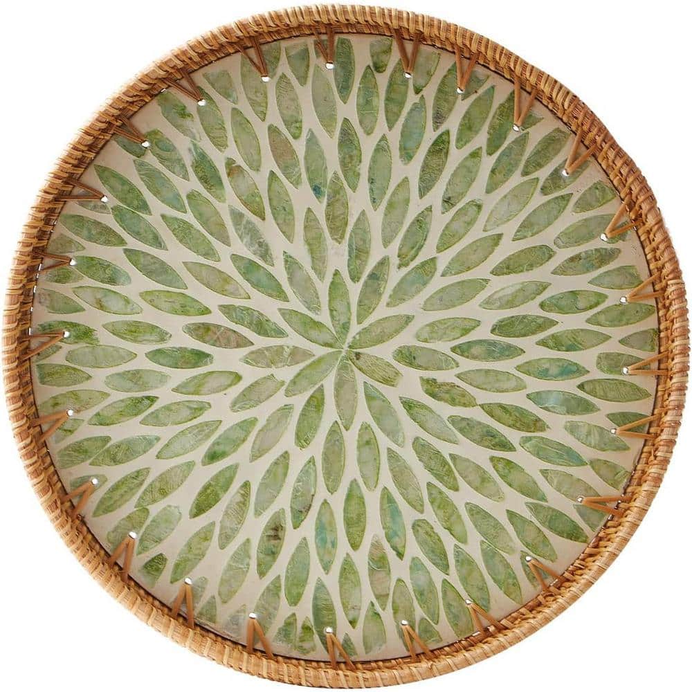 11.8 in. Green Leaf Round Rattan Decorative Tray with Wooden Base (1-Pack)
